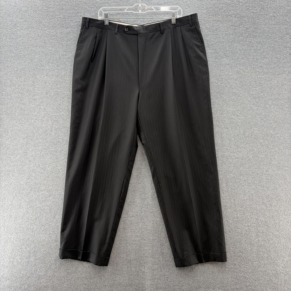 Canali Pants Men 39X29 Black Pinstripe Super 150s Wool Pleated Cuffed Dress